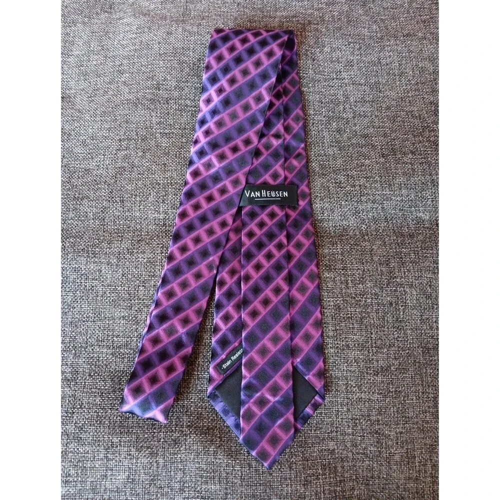 Tie 70s 80s 90s Y2K Mens Van Heusen Silk Pink Purple Plaid 3.75 Wide 59 Long